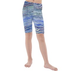 Blue Abstract Stripes Kids  Mid Length Swim Shorts by SpinnyChairDesigns