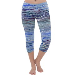 Blue Abstract Stripes Capri Yoga Leggings by SpinnyChairDesigns