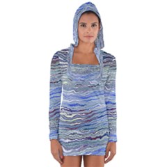 Blue Abstract Stripes Long Sleeve Hooded T-shirt by SpinnyChairDesigns