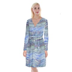 Blue Abstract Stripes Long Sleeve Velvet Front Wrap Dress by SpinnyChairDesigns