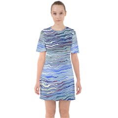 Blue Abstract Stripes Sixties Short Sleeve Mini Dress by SpinnyChairDesigns