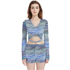 Blue Abstract Stripes Velvet Wrap Crop Top by SpinnyChairDesigns