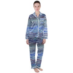 Blue Abstract Stripes Satin Long Sleeve Pyjamas Set by SpinnyChairDesigns