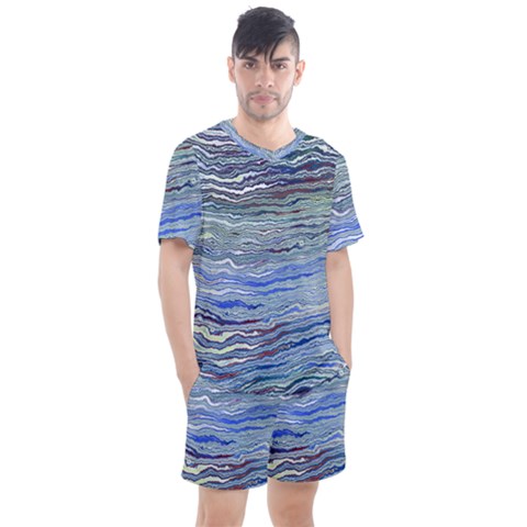 Blue Abstract Stripes Men s Mesh Tee And Shorts Set by SpinnyChairDesigns