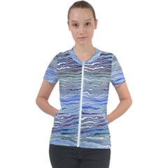 Blue Abstract Stripes Short Sleeve Zip Up Jacket by SpinnyChairDesigns