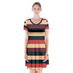 Seventies Stripes Short Sleeve V-neck Flare Dress by tmsartbazaar