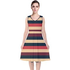 Seventies Stripes V-neck Midi Sleeveless Dress  by tmsartbazaar