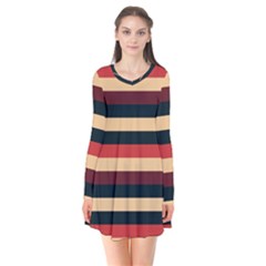 Seventies Stripes Long Sleeve V-neck Flare Dress by tmsartbazaar