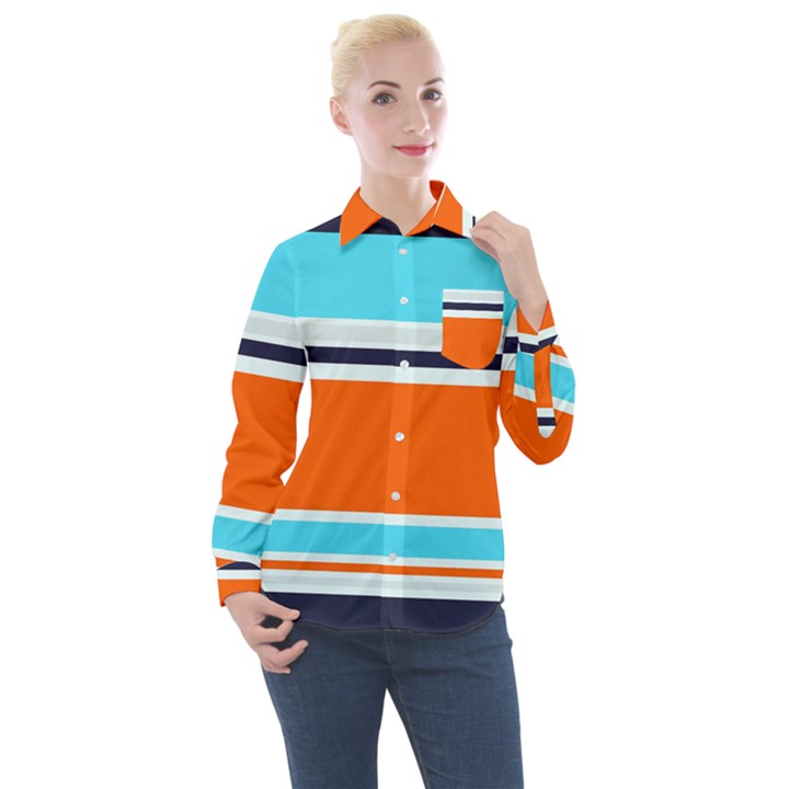 Tri Color Stripes Women s Long Sleeve Pocket Shirt