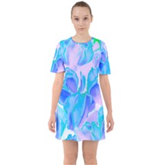 Ciclamen Flowers Blue Sixties Short Sleeve Mini Dress