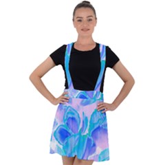 Ciclamen Flowers Blue Velvet Suspender Skater Skirt by DinkovaArt