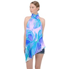 Ciclamen Flowers Blue Halter Asymmetric Satin Top