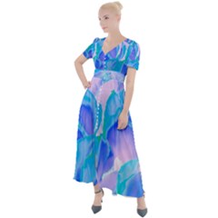 Ciclamen Flowers Blue Button Up Short Sleeve Maxi Dress