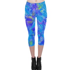 Blue Abstract Floral Paint Brush Strokes Capri Leggings  by SpinnyChairDesigns