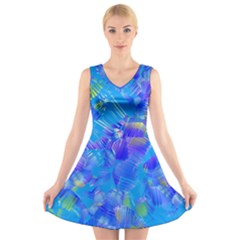 Blue Abstract Floral Paint Brush Strokes V-neck Sleeveless Dress by SpinnyChairDesigns