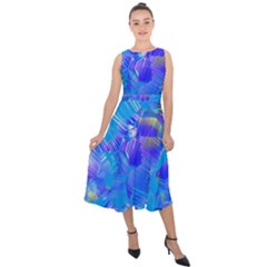 Blue Abstract Floral Paint Brush Strokes Midi Tie-back Chiffon Dress by SpinnyChairDesigns