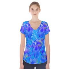 Blue Abstract Floral Paint Brush Strokes Short Sleeve Front Detail Top by SpinnyChairDesigns