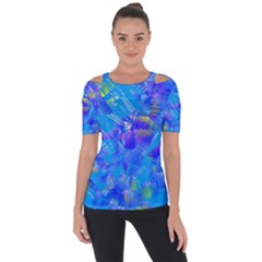 Blue Abstract Floral Paint Brush Strokes Shoulder Cut Out Short Sleeve Top by SpinnyChairDesigns