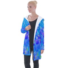 Blue Abstract Floral Paint Brush Strokes Longline Hooded Cardigan by SpinnyChairDesigns