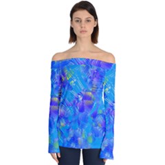 Blue Abstract Floral Paint Brush Strokes Off Shoulder Long Sleeve Top by SpinnyChairDesigns