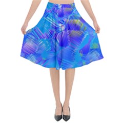 Blue Abstract Floral Paint Brush Strokes Flared Midi Skirt by SpinnyChairDesigns