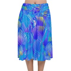 Blue Abstract Floral Paint Brush Strokes Velvet Flared Midi Skirt by SpinnyChairDesigns