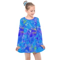 Blue Abstract Floral Paint Brush Strokes Kids  Long Sleeve Dress by SpinnyChairDesigns