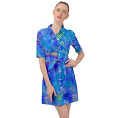 Blue Abstract Floral Paint Brush Strokes Belted Shirt Dress by SpinnyChairDesigns