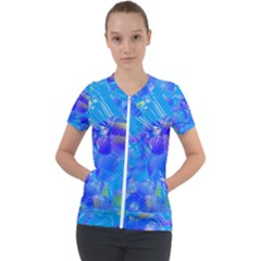 Blue Abstract Floral Paint Brush Strokes Short Sleeve Zip Up Jacket by SpinnyChairDesigns