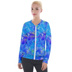 Blue Abstract Floral Paint Brush Strokes Velour Zip Up Jacket by SpinnyChairDesigns