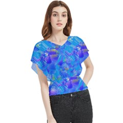 Blue Abstract Floral Paint Brush Strokes Butterfly Chiffon Blouse