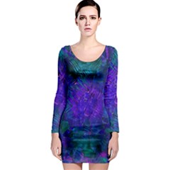 Indigo Abstract Art Long Sleeve Bodycon Dress by SpinnyChairDesigns