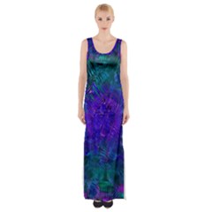 Indigo Abstract Art Thigh Split Maxi Dress by SpinnyChairDesigns