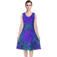 Indigo Abstract Art V-neck Midi Sleeveless Dress  by SpinnyChairDesigns