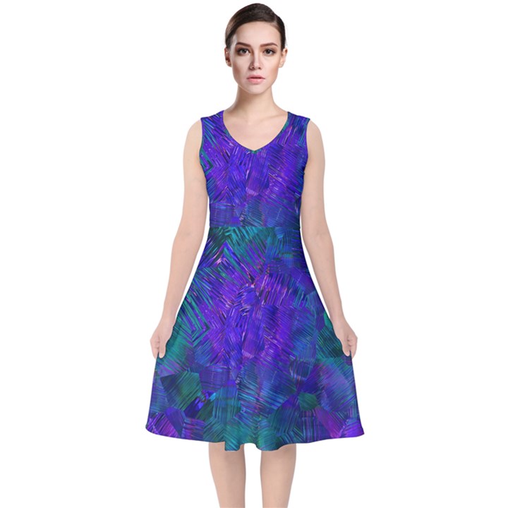 Indigo Abstract Art V-Neck Midi Sleeveless Dress 