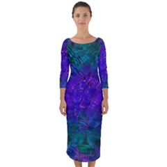 Indigo Abstract Art Quarter Sleeve Midi Bodycon Dress by SpinnyChairDesigns