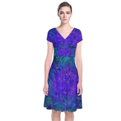 Indigo Abstract Art Short Sleeve Front Wrap Dress by SpinnyChairDesigns