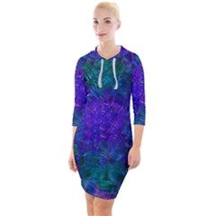 Indigo Abstract Art Quarter Sleeve Hood Bodycon Dress by SpinnyChairDesigns