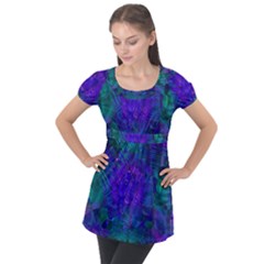 Indigo Abstract Art Puff Sleeve Tunic Top by SpinnyChairDesigns