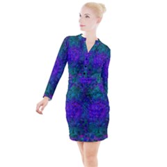 Indigo Abstract Art Button Long Sleeve Dress by SpinnyChairDesigns