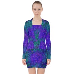 Indigo Abstract Art V-neck Bodycon Long Sleeve Dress by SpinnyChairDesigns