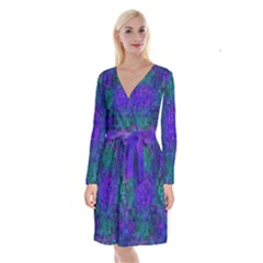 Indigo Abstract Art Long Sleeve Velvet Front Wrap Dress by SpinnyChairDesigns