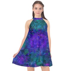 Indigo Abstract Art Halter Neckline Chiffon Dress  by SpinnyChairDesigns