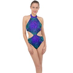 Indigo Abstract Art Halter Side Cut Swimsuit by SpinnyChairDesigns