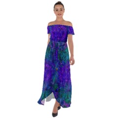 Indigo Abstract Art Off Shoulder Open Front Chiffon Dress by SpinnyChairDesigns