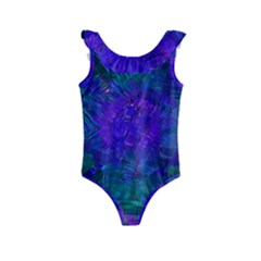 Indigo Abstract Art Kids  Frill Swimsuit by SpinnyChairDesigns