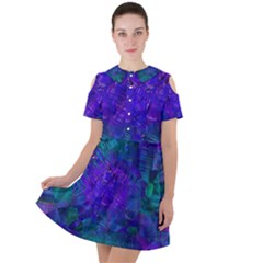 Indigo Abstract Art Short Sleeve Shoulder Cut Out Dress  by SpinnyChairDesigns