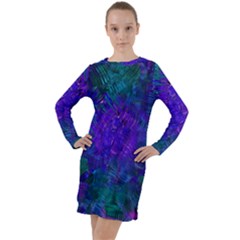 Indigo Abstract Art Long Sleeve Hoodie Dress by SpinnyChairDesigns