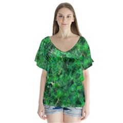 Jungle Green Abstract Art V-neck Flutter Sleeve Top by SpinnyChairDesigns