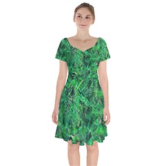 Jungle Green Abstract Art Short Sleeve Bardot Dress by SpinnyChairDesigns